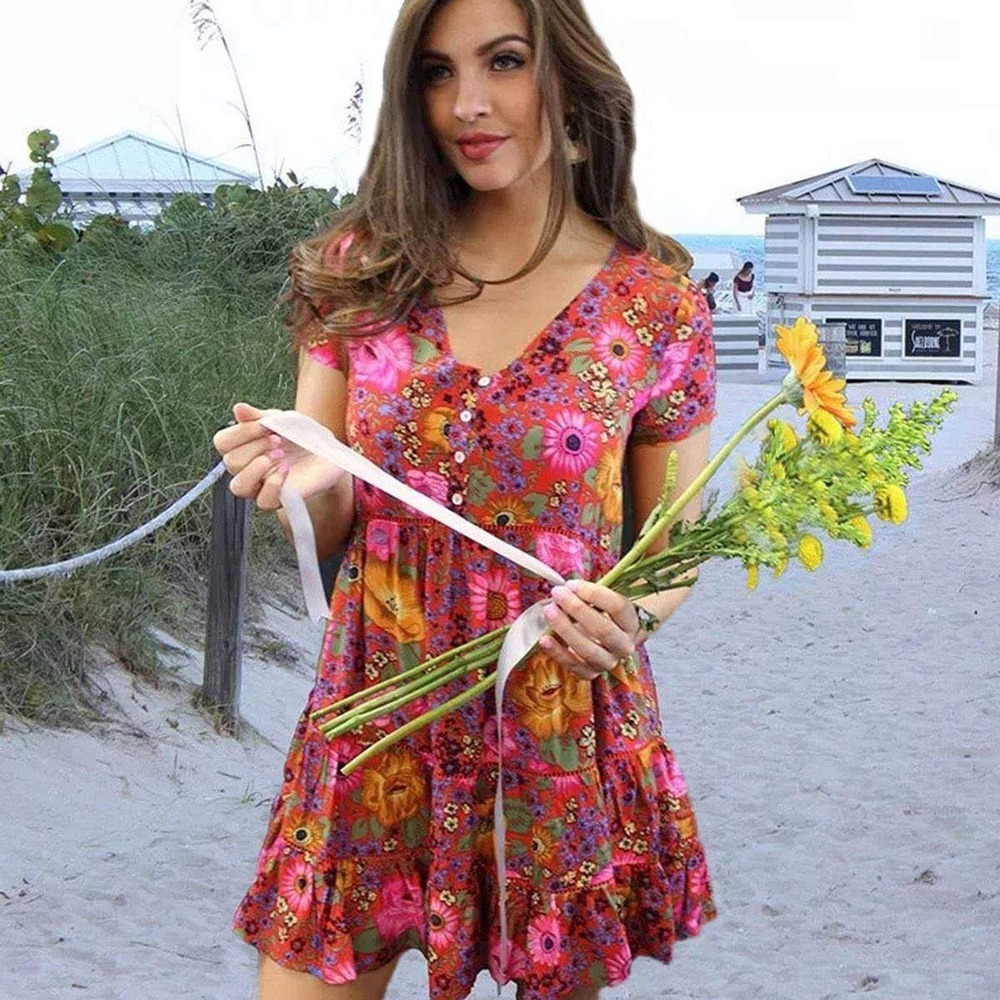 Boho colorful floral gypsy cotton‎ hippie babydoll tunic plus 3XL relaxed